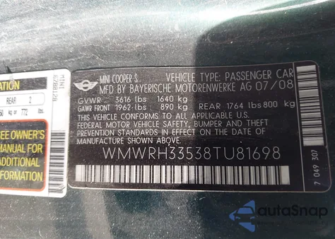 2008 Mini Cooper S из США, поврежденный, VIN WMWRH33538TU81698